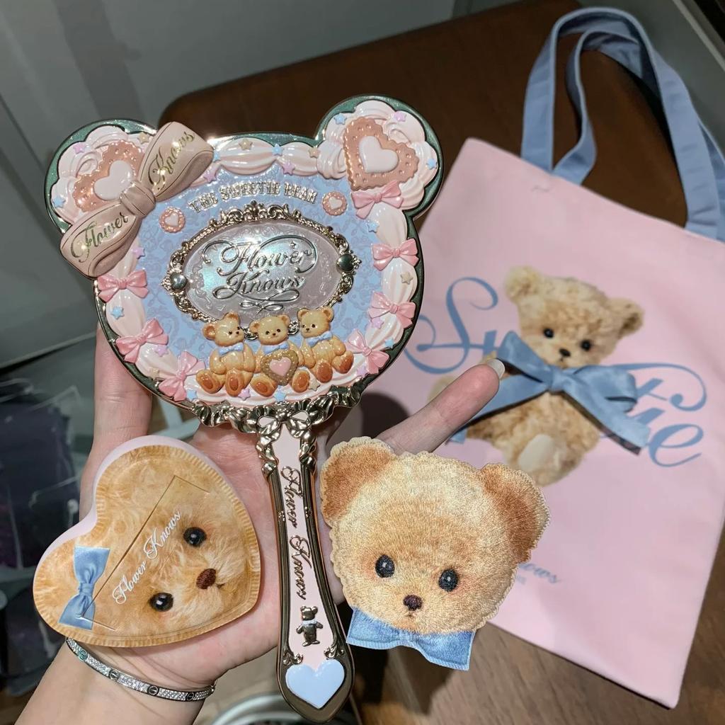 Flower Knows Лимитированная серия Пастельно-розовое Голубое Эстетичное Зеркало для Рук с Пуховкой и Холщовой Сумкой для Любителей Макияжа