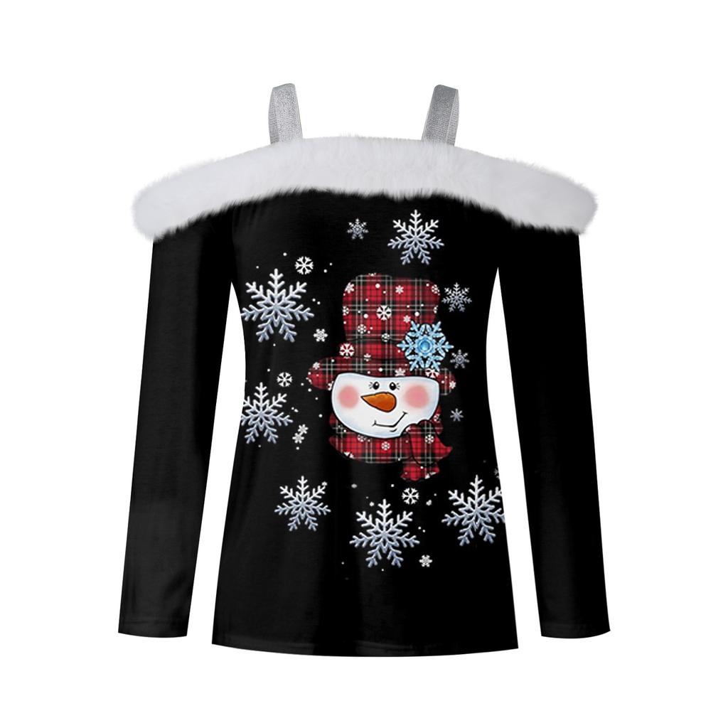 Женская мода с длинным рукавом без бретелек на одно плечо с рождественским принтом и плюшевой горловиной