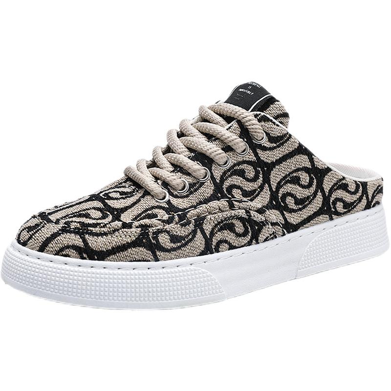 Summer Men Sandals Retro Print Canvas Shoes Indoor Men's Casual Home Mules Outdoor Flat Baotou Half Slippers Chef Shoes