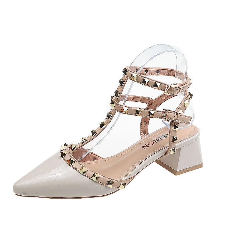 Fashion Sandals for Women Rivet Summer 2024 Pointed Toe Ladies Shoes with Medium Heels Square Footwear H Sandal New Breathable Fashion F