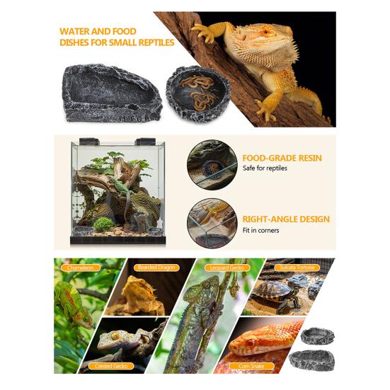 Reptile Feeding Dish Realistic Stone-Like Reptile Water Dish Food Bowl Terrarium Reptile Feeding Corner Bowl for Bearded Dragons Lizard Frog Gecko