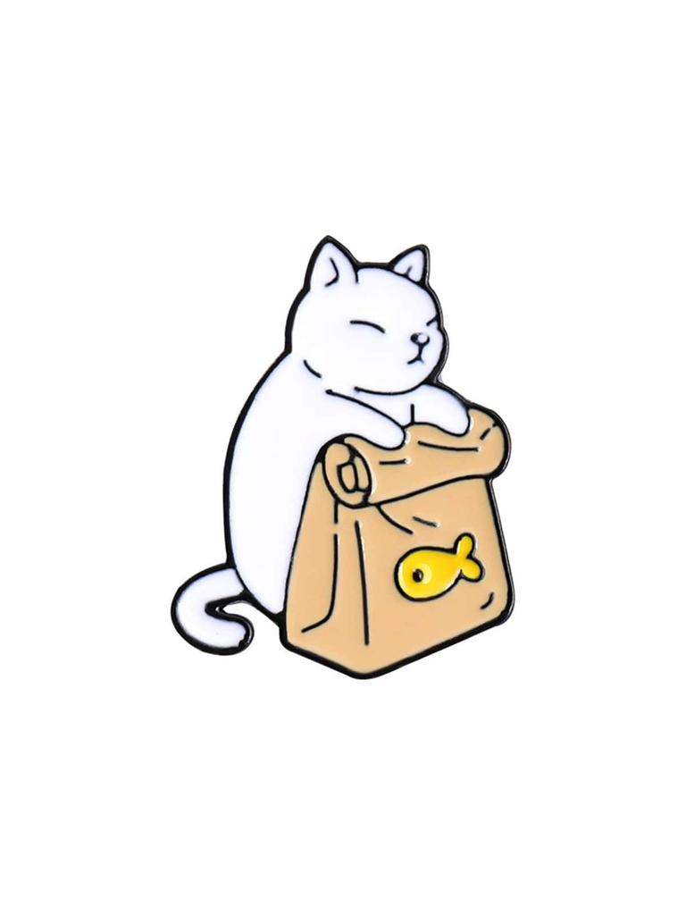 Cute Black White Cats Enamel Pins Dried Fish Bag Brooch Cartoon Animal Badges Denim Lapel Pin Jewelry Gift for Kids Best Friends