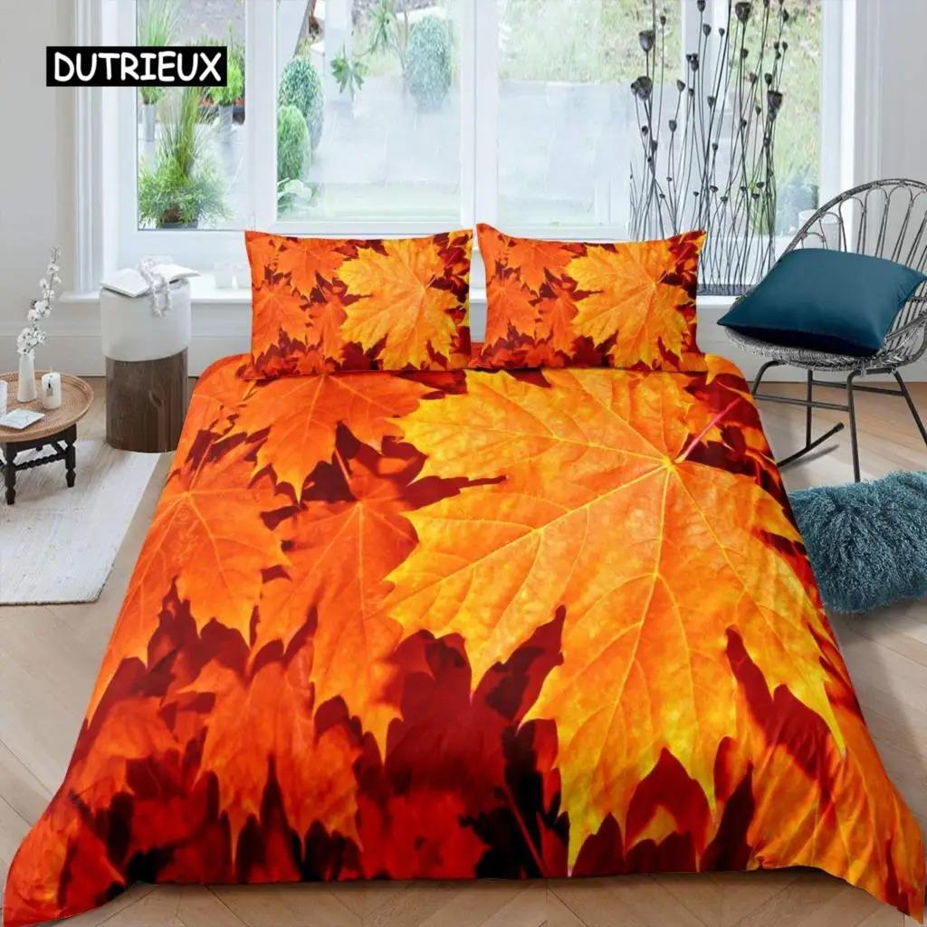 Maple Leaves Duvet Cover Set Colorful Autumn Season Maple Leaves In Unusual Designs Nature Print King Size 23pcs Bedding Set