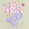 Осенние наряды из 2 предметов для маленьких девочек, для детей 6 месяцев, 12 месяцев, 1 года, 2 лет, 3 лет, 4 лет, 5 лет, пуловер с длинными рукавами и цветочным принтом, топ + брюки-клеш, комплект, весенняя одежда для малышей