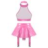 Womens Patent Leather Lingerie Set O-Ring Halter Backless Crop Top Built-in Thong Ruffle Miniskirt