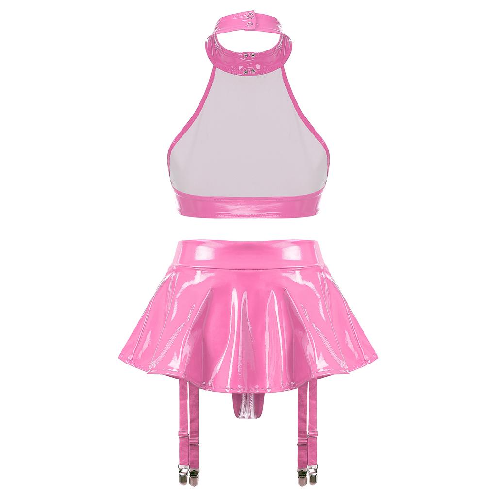Womens Patent Leather Lingerie Set O-Ring Halter Backless Crop Top Built-in Thong Ruffle Miniskirt