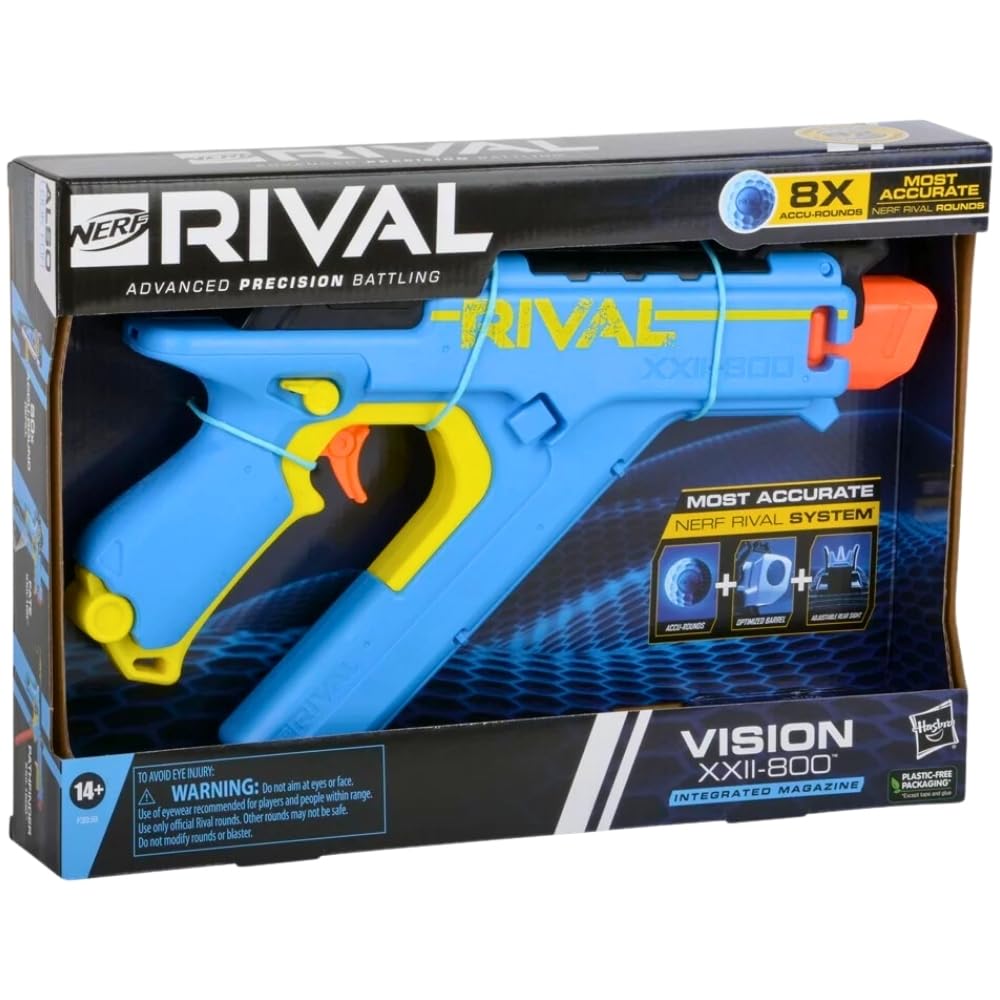 Бластер NERF Rival Vision XXII-800, самая точная система Rival, с регулируемыми прицельными приспособлениями и интегрированным магазином на 8 точных патронов Rival