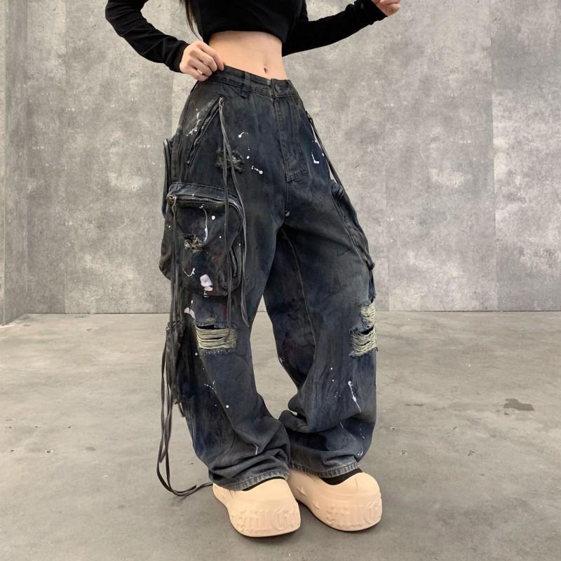 Men Women Streetwear Distressed Wide Leg Cargo Denim Pants High Waist Straight Fit Rugged Workwear Jeans Fall 2025