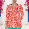 Women Plus Size Long Sleeve Nurse Scrub Top Watercolor Floral Print V Neck With Pockets Casual Medical Workwear For Healthcare Staff