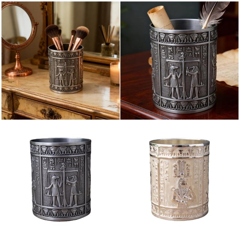 Retro Egyptian Embossed Pen Stand Cylinder Shape Alloy Pen Cup Desktop Organiser Storage Box for Office Desk Decoration