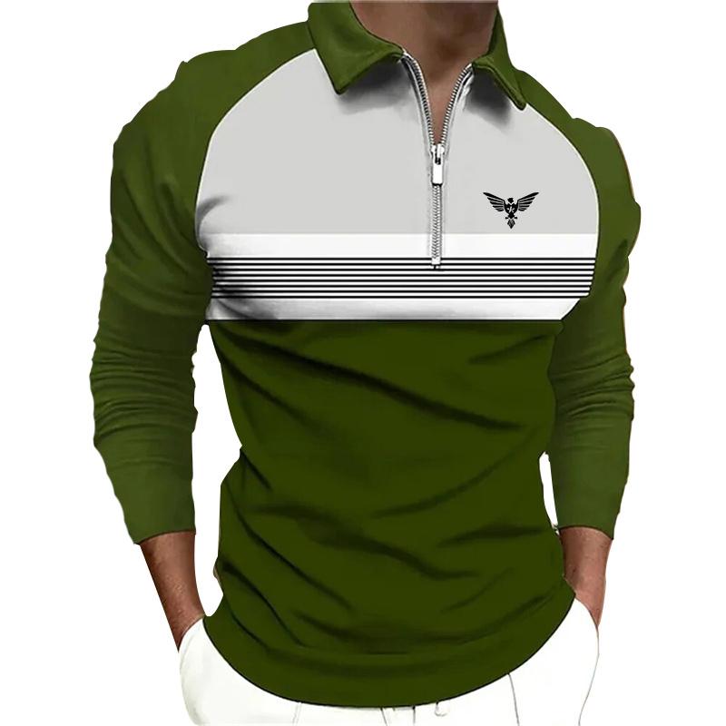 Men Fashion Spring Autumn Casual Long Sleev Zipper Polo Shirt , Men Spell Color Golf Polo Shirt Tops .
