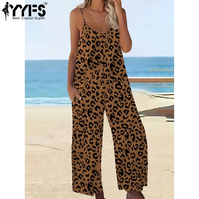 YYFS Women's Fashion Casual Summer Spring Leopard Print Sleeveless V-Neck Loose Waistline Trousers Jumpsuits & Rompers