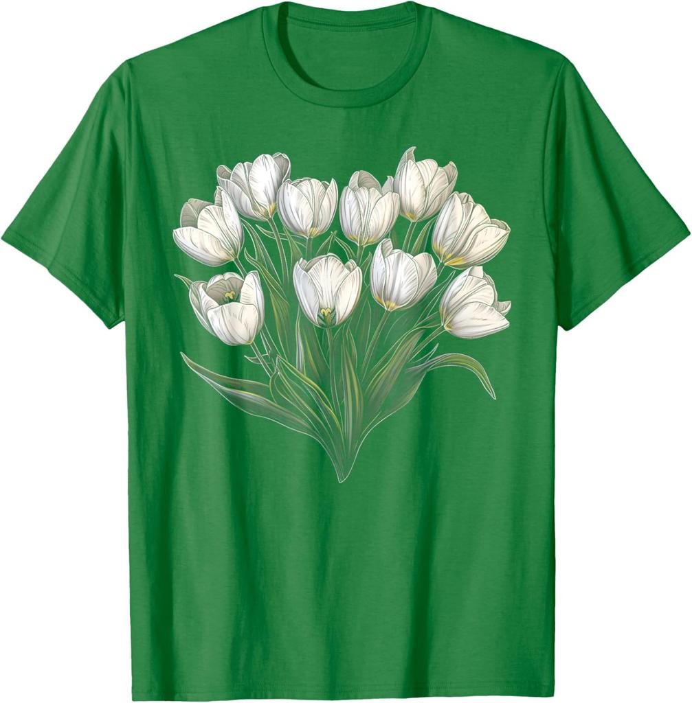 White Tulip Bouquet Floral Graphic Tee Men Casual Round Neck Short Sleeve T-Shirt Daily Wear
