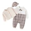 Baby One Piece Romper Formal with Hat Baby Long Sleeve Romper Bow Tie Plaid Pattern Going Out Formal Wedding Party British Style Wedding Recital Set
