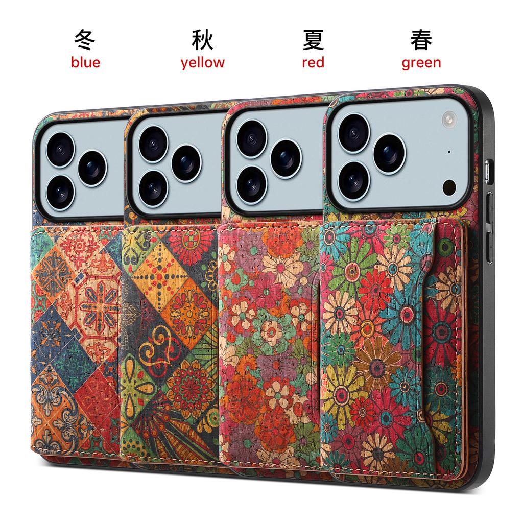Flower Style Phone Case for iPhone 17 Pro Max 17Air 16e 16 15 Plus 14 13 12 11 Wine Cork Wood Synthetic Leather Card Slot Wallet
