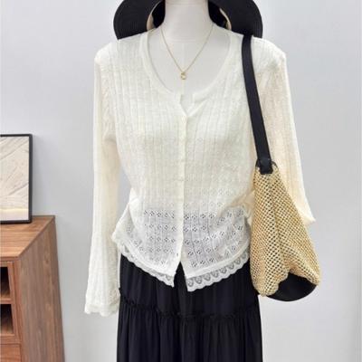 Нежный стиль, ажурный вязаный кардиган для женщин на осень, в сочетании с тонкой курткой с длинным рукавом для защиты от солнца поверх кружева