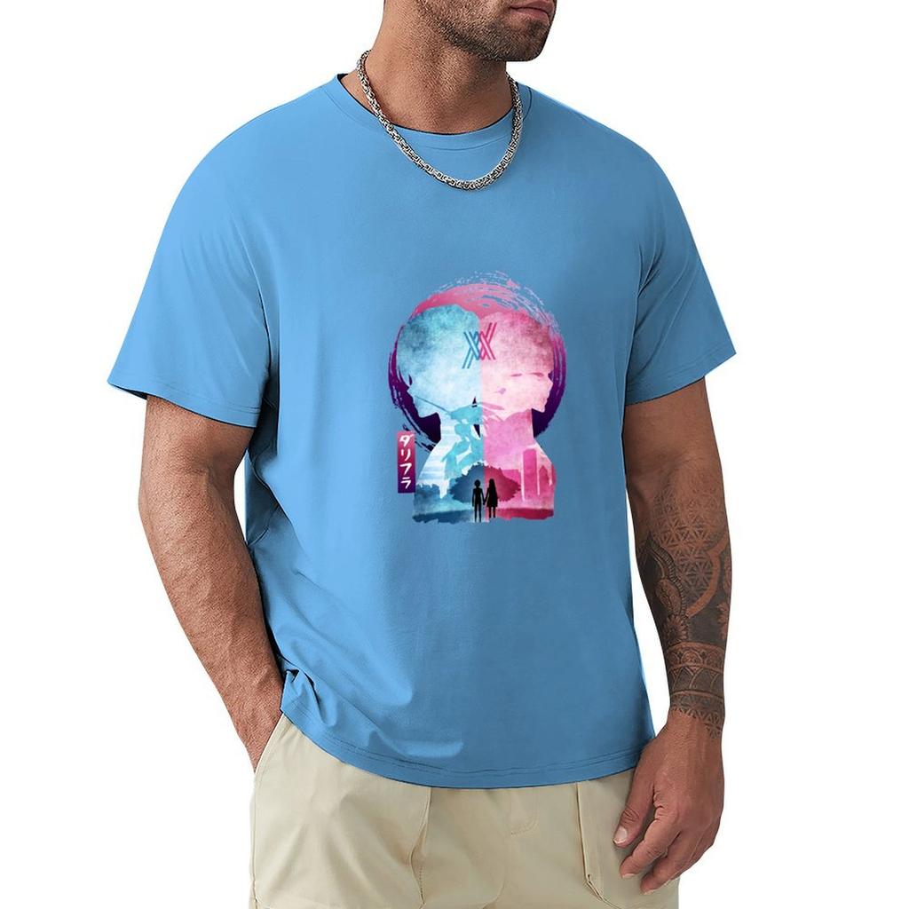 Футболка с минималистичным силуэтом Hiro & Zero Two, одежда в стиле аниме, футболка большого размера с графическим принтом для мужчин