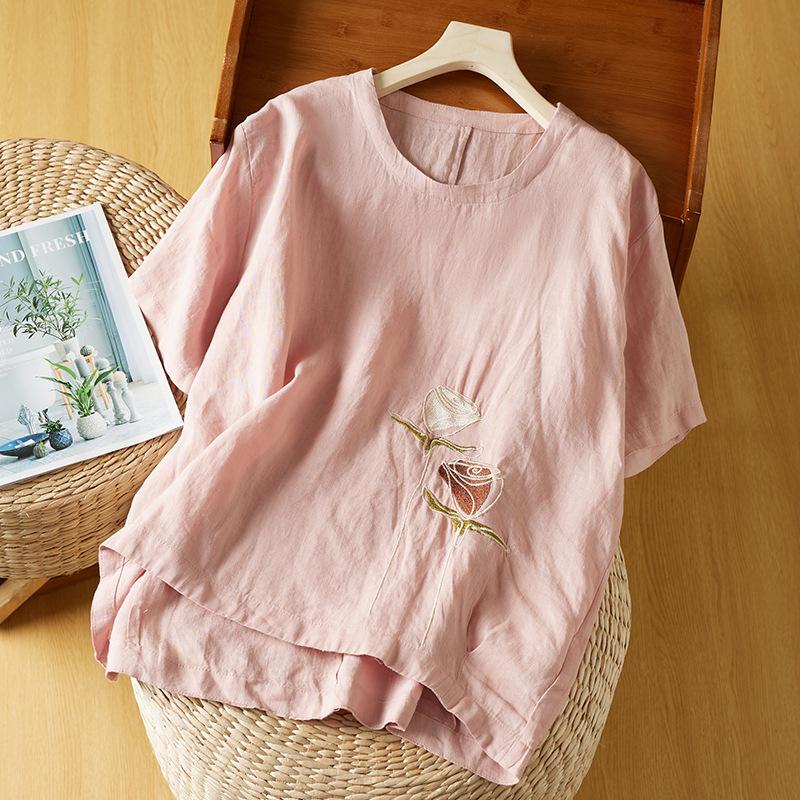 Летняя вышитая круглая горловина в стиле ретро для отдыха свободная тонкая футболка с коротким рукавом для женщин