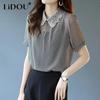 Summer Ladies Elegant Fashion Vintage Houndstooth Lace Patchwork Pullover Chiffion Shirt Short Sleeve Loose Casual Blouses