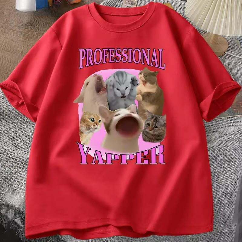Женские футболки с графикой 'Yapper Cat' Хлопок Короткий рукав Повседневные С круглым вырезом С принтом Уличный стиль Летние топы