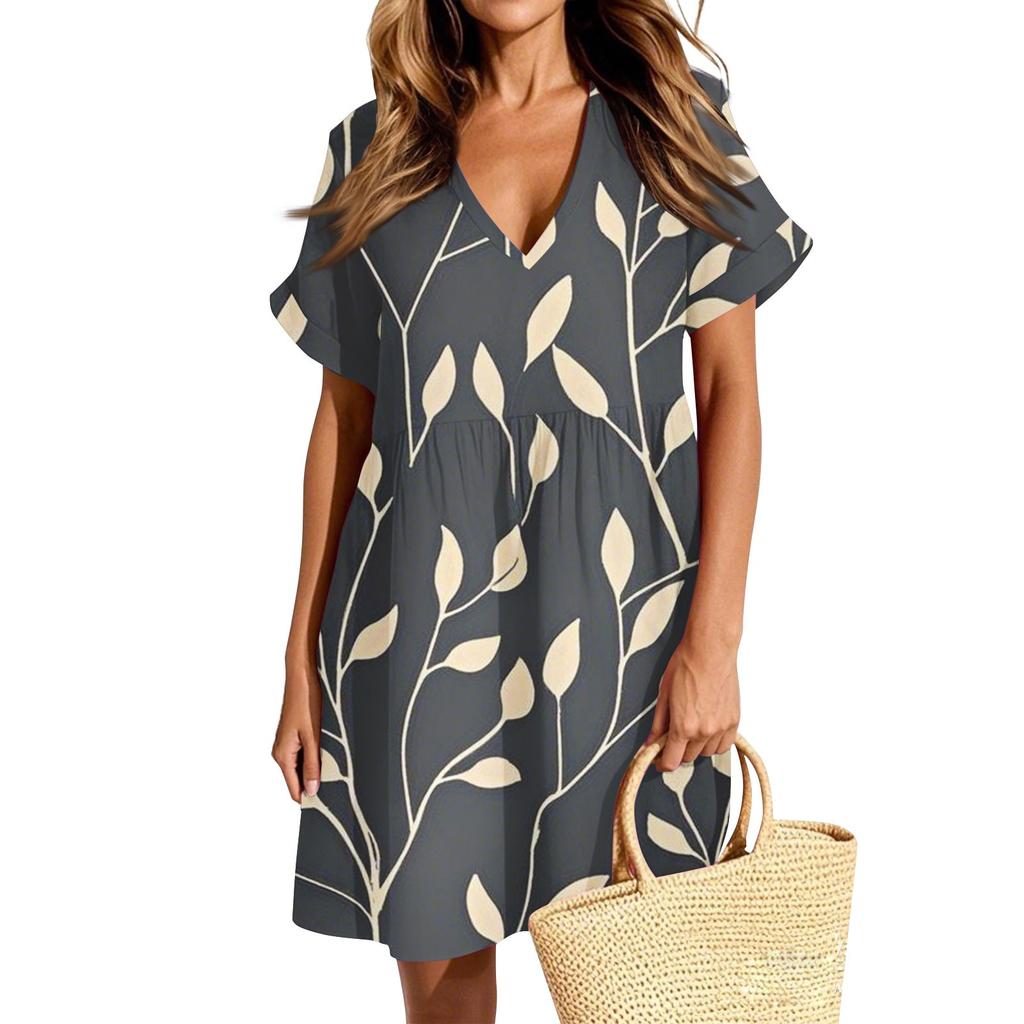 Женское повседневное модное платье с винтажным цветочным принтом и коротким рукавом и V-образным вырезом
