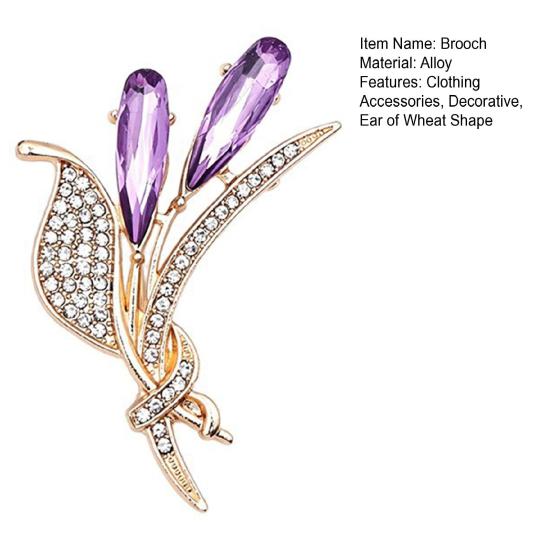 Metal Brooch Pin Ear of Wheat with Rhinestone, Faux Purple Crystal Suit Lapel Pin, Dainty Jewelry for Coats Sweaters Scarves Decorative