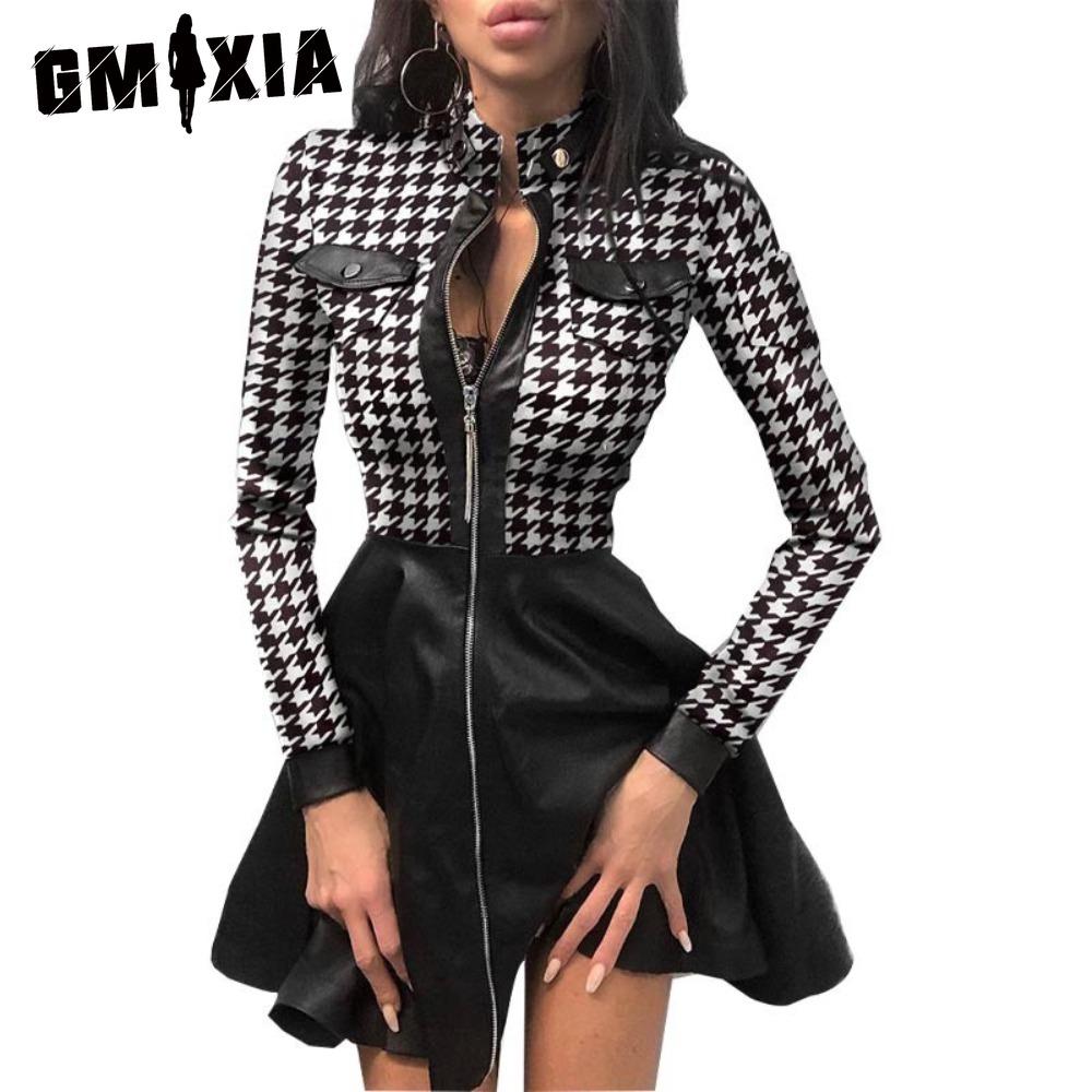 GMXIA Модное женское кружевное мини-платье с длинным рукавом и молнией из искусственной кожи с большим подолом