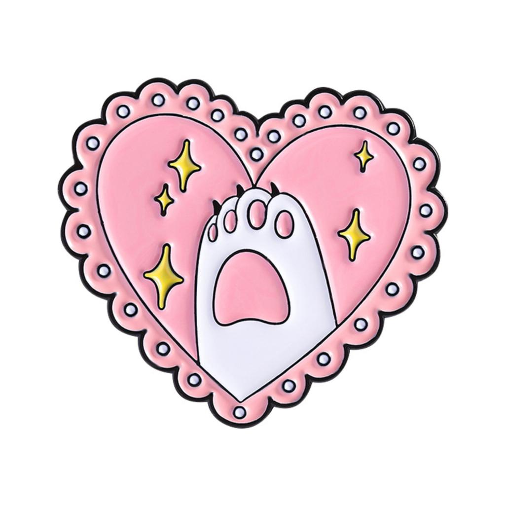Heart Shaped Enamel Pin Featuring Cartoon Style Paws with Star Accents and Decorative Border Suitable for Accessories and Collectibles