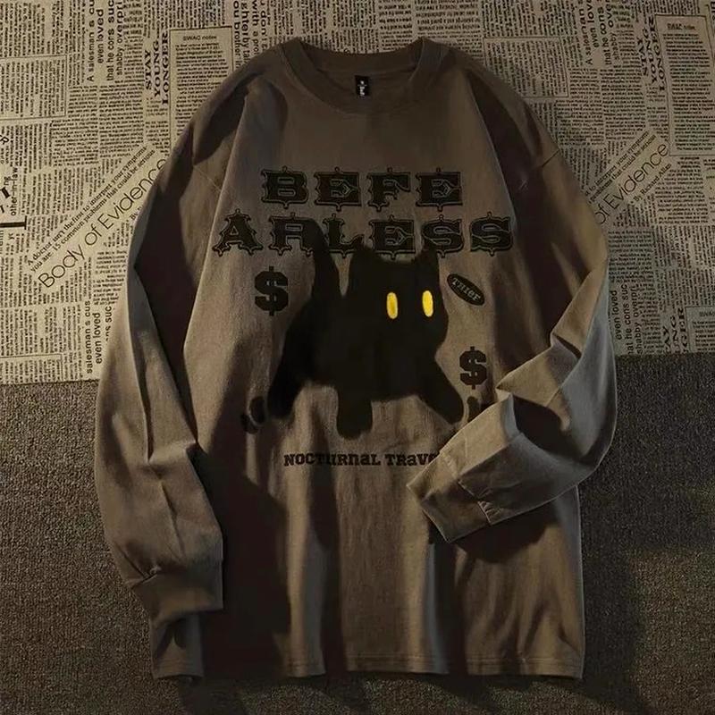Grunge Cat Tshirts Women Harajuku Korean Fashion Oversize Long Sleeve T Shirts Female Hip Hop Vintage Gray Top Loose