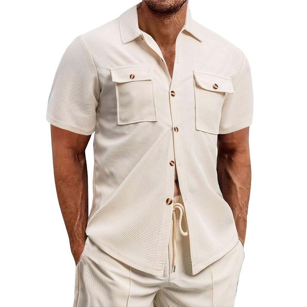 Men's Casual Business Solid Color Double Pockets Short Sleeve Shirt Men's Lapel Collar Button-Down Shirt