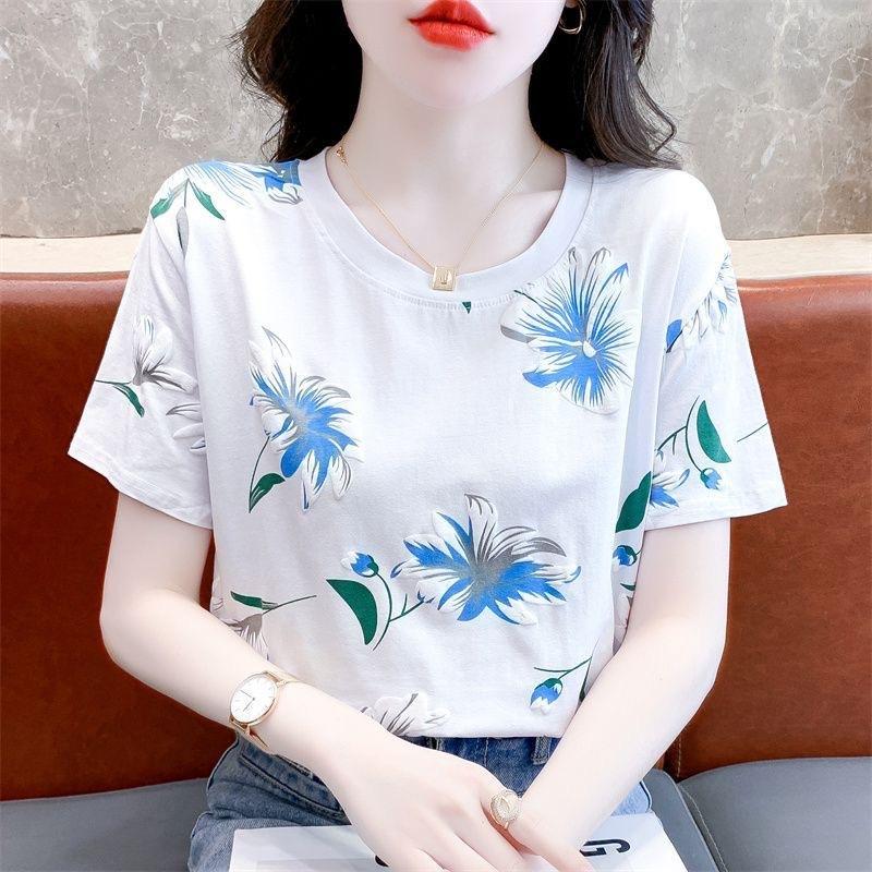 Women Summer Short Sleeve O Neck Fashion Cotton T Shirt Blouse Top