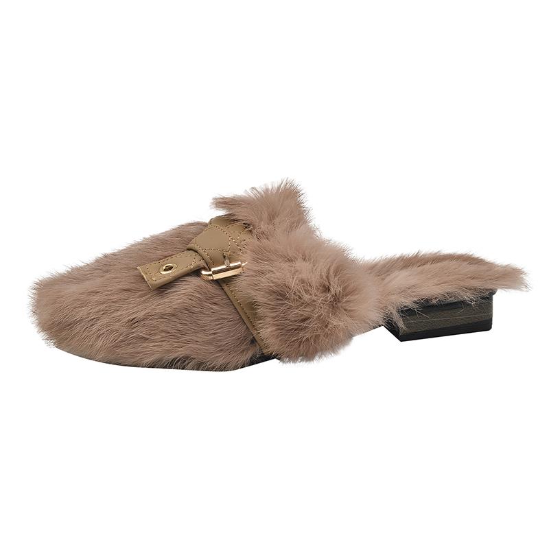 Зимние Новые Тапочки Баотоу Женские Круглый Носок Плюшевые Глубокий Вырез Заклепки Мягкая Подошва Противоскользящие Износостойкие Плоские Туфли