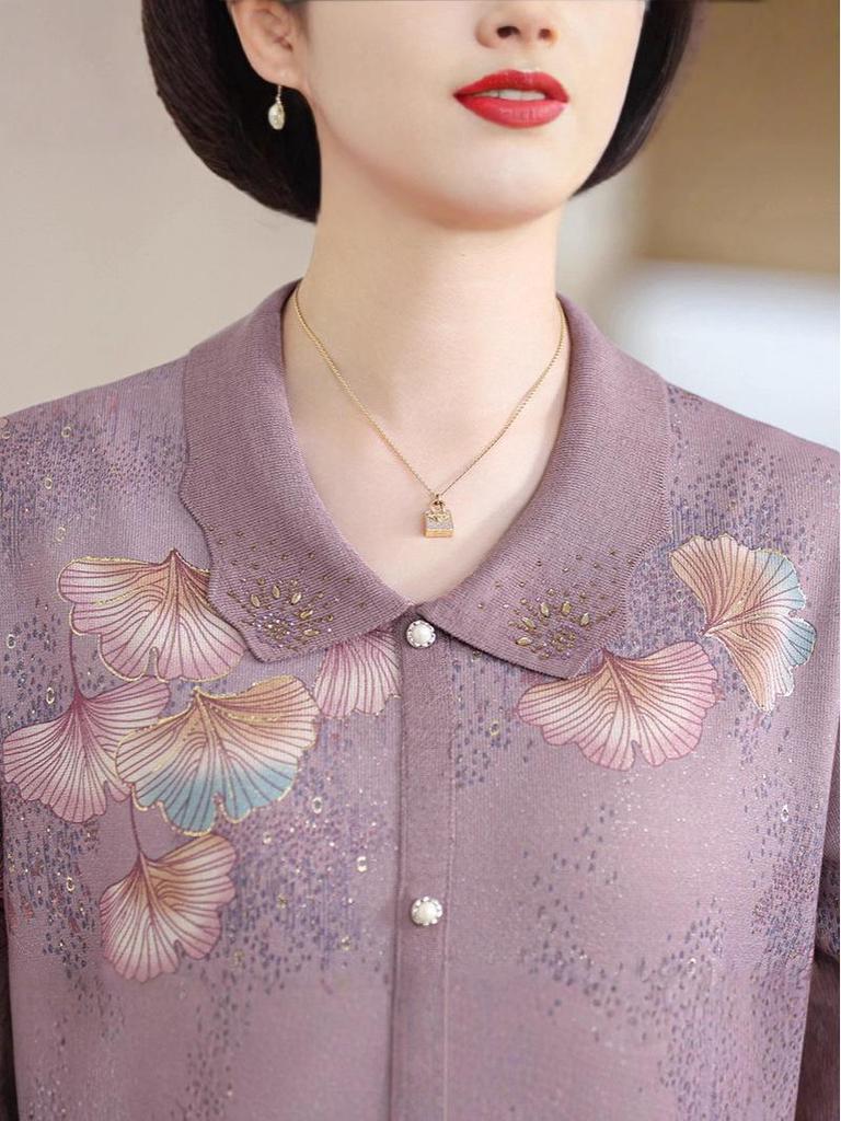 Женская осенняя вязаная футболка с принтом и лацканами - с длинным рукавом, свободная, модная, универсальная для женщин среднего и пожилого возраста