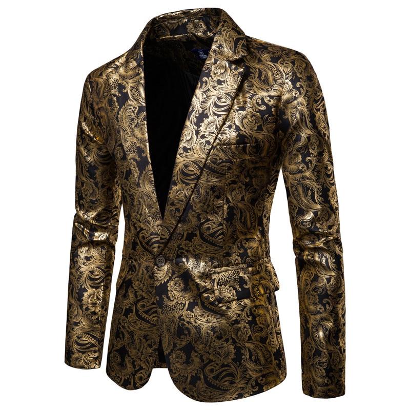 Men Blazer Slim Fit One Button Men Jacket Gold Print Groom Wedding Dress Suit Stage Club Party Casual Formal Blazers