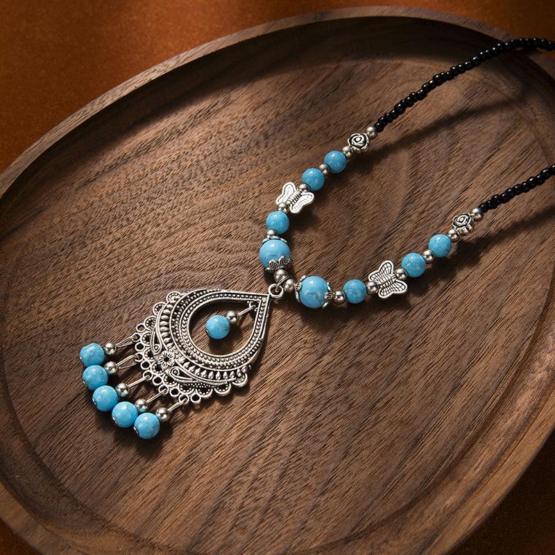Турция Богемное Черный Синий Камень Этническое Ожерелье с Монетами и Кисточками Головной Убор Цыганский Бохо Пляжный Чокер Нагрудник Головная Цепочка Для Женщин Вечеринка
