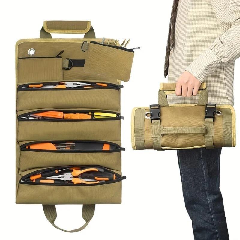 Heavy Duty Roll Up Tool Bag Organizer With 4 Tool Pouches And 2 Detachable Pouches