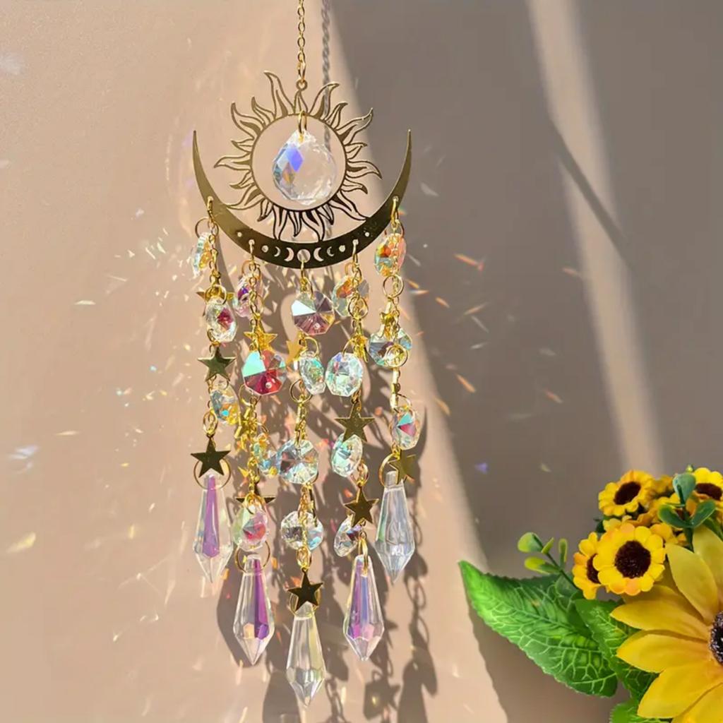 1 шт. Золотая Звезда Луна Уличное Освещение Кристалл Ветер Чим Подвесной Садовый Ловец Солнца Праздничные Украшения Для Свадьбы Вечеринки