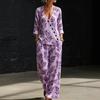 Summer New Purple Bottom Plant Branches and Leaves Printing V-neck Diagonal Shirt Wide-leg Pants Two-piece Set Women's Casual Wear