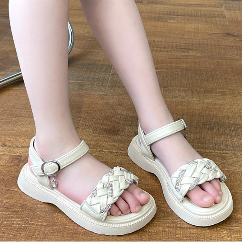 Summer Children Beach Sandals Girls Hook & Loop Toddler Breathable Bling Weave Style Fashion Princess Kid Dress Party Flat Shoes