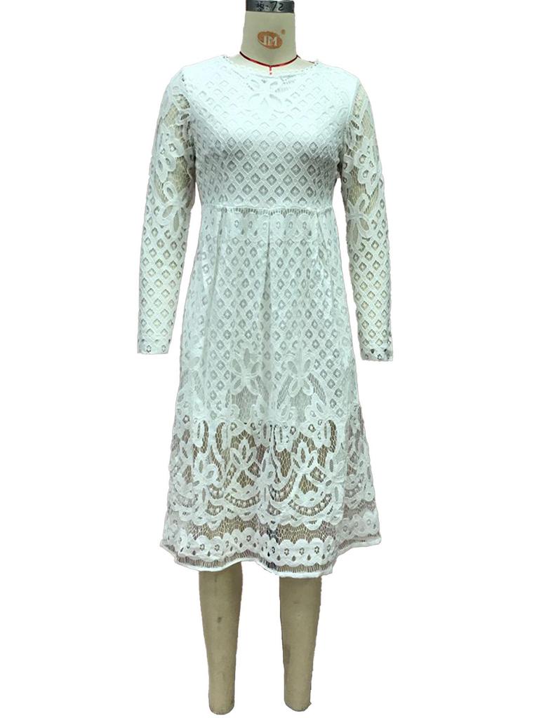 2025 Autumn Women's Lace Hollow Round Neck Slim Dress