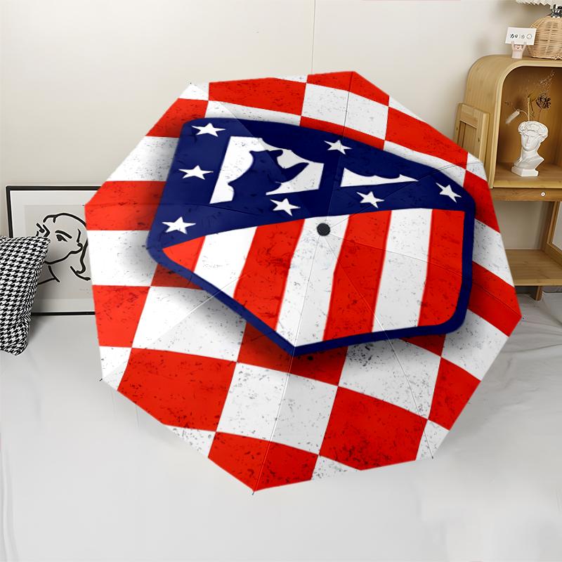 Atlético Madrid logo Print Automatic Umbrella, 8 Rib Iron Frame, Plastic Handle, Suitable for Outdoor Travel &Daily , Ideal Gift