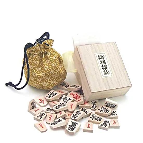 Wooden Shogi Pieces and Chess Specially Selected Chess Pieces In a Paulownia Box with a Hexagonal Chess Bag. Bold, (red Lining) Bag.