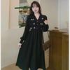 Elegant Retro V-Neck Floral Embroidered Little Black Dress - Plus Size, Autumn Style