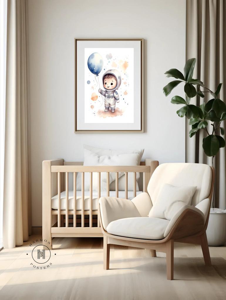 Journey Through the Stars With a Balloon In Hand Journey Through the Stars With a Balloon In Hand, 30X40 Cm, Light Oak Wooden Frame, Matte Paper 230 Gsm