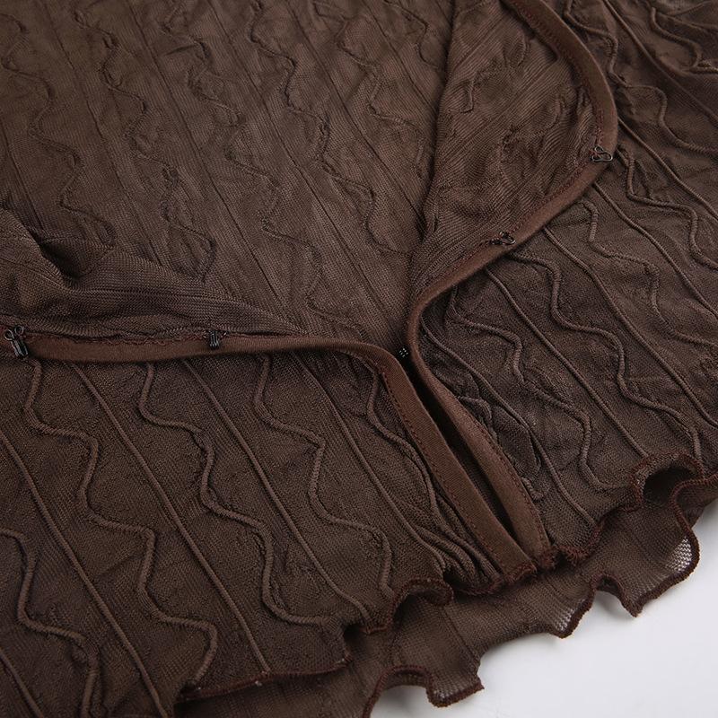 Women Retro Perspective V-neck Hollowed Cardigan T-shirt Tops Fashion Agaric Edge Short Bare Navel Top