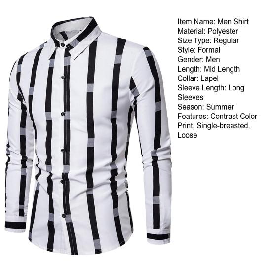 Весенняя мужская рубашка контрастного цвета с полосатым принтом, тонкие длинные рукава, отложной воротник, свободный однобортный формальный деловой стиль, повседневный топ