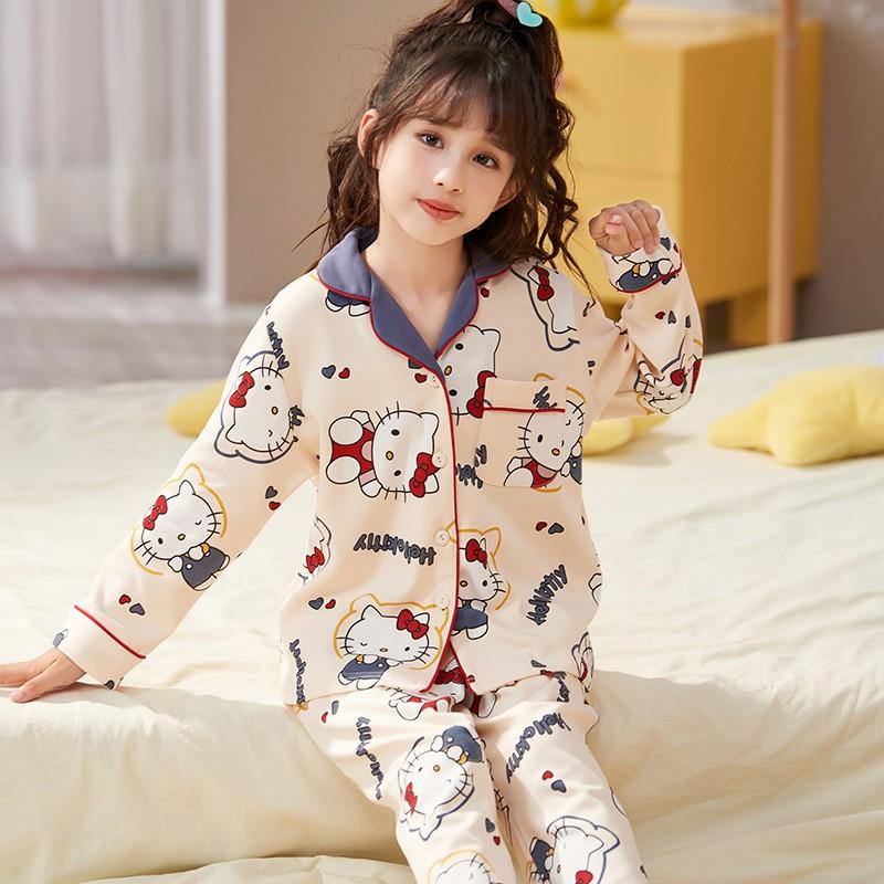 100% Cotton Girls Pajama Set Long Sleeve Thin Sleepwear Kids 8-14 Years