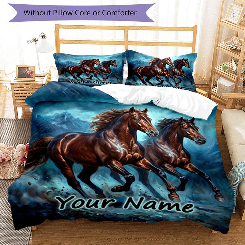 3PC Custom Name Horses Stormy Night Bedding Set Duvet Cover Closure Includes 1 Duvet Cover & 2 Pillowcases for Bedroom
