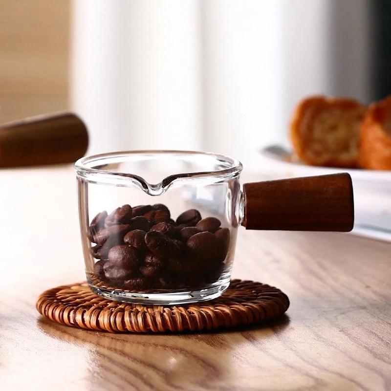 Glass Measuring Cup Wood Handle Glass Espresso Measuring Cup Single Milk Coffee Clear Jug Coffee Supplies Kitchen Measure Mug