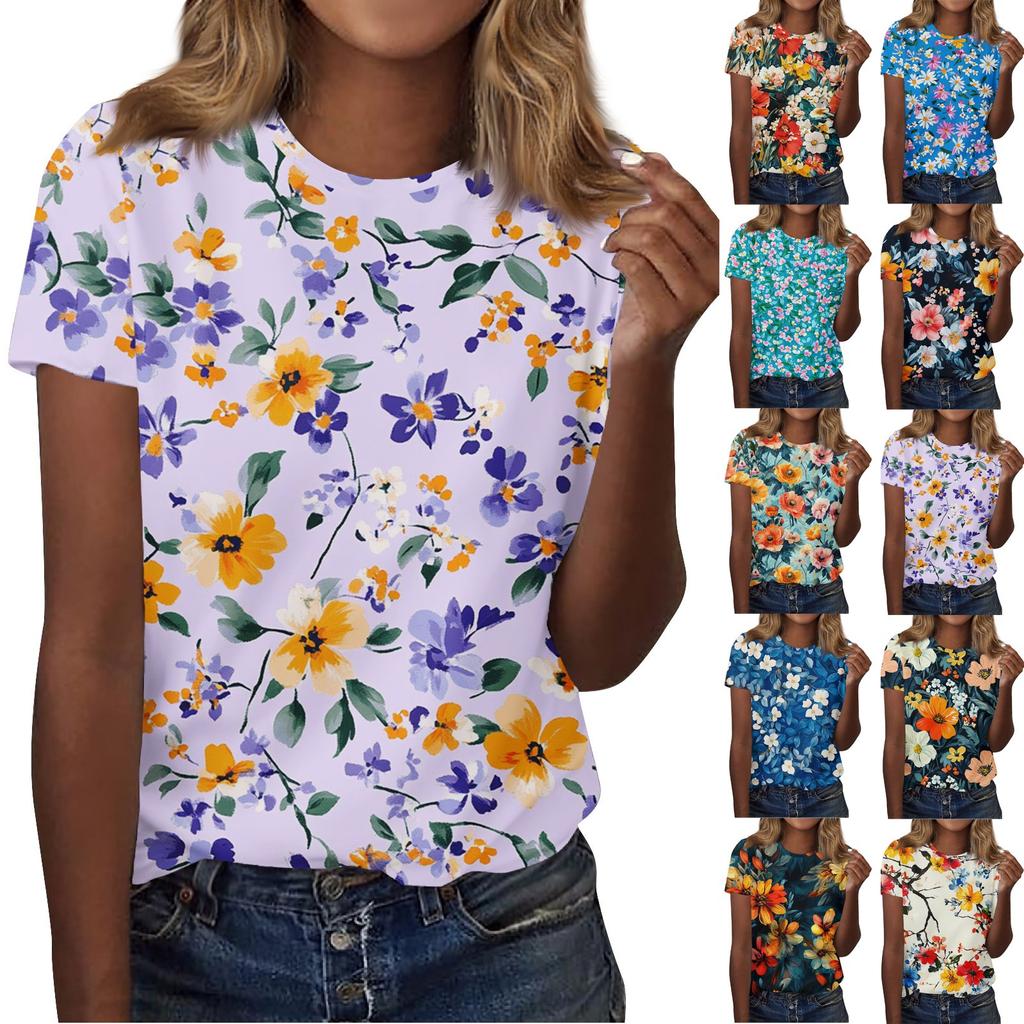 Women's Fashion Casual Printed Round Neck Short Sleeved T-Shirt Top T-Shirt Top Top